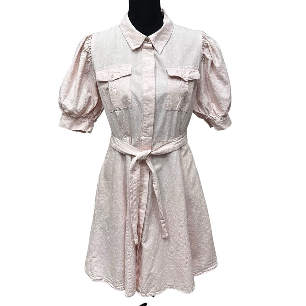 Calvin Klein Pink Dress Puff Sleeves Full Button Front Womens Size 12 Pockets